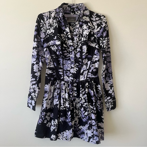by Anthropologie Corset Collared Floral Smocked Long Sleeve Shirt Mini Dress - Picture 2 of 9